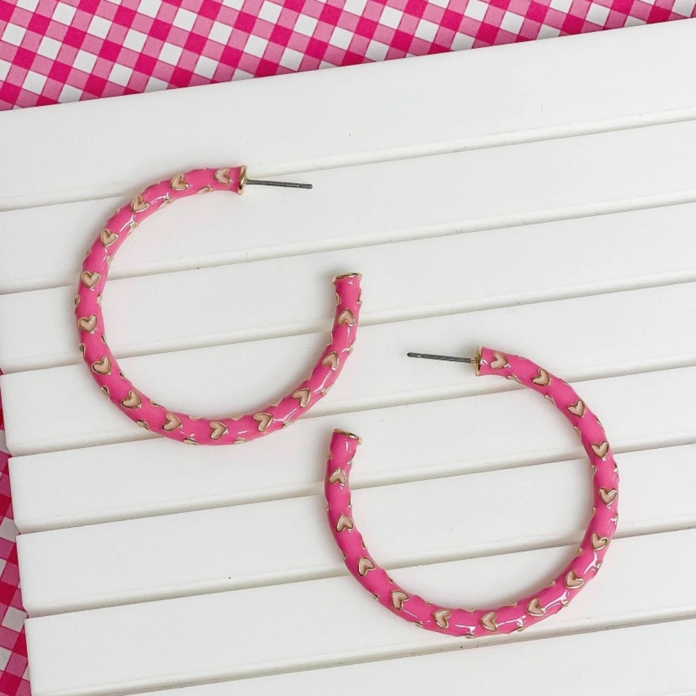 Large Heart Patterned Enamel Hoop Earrings